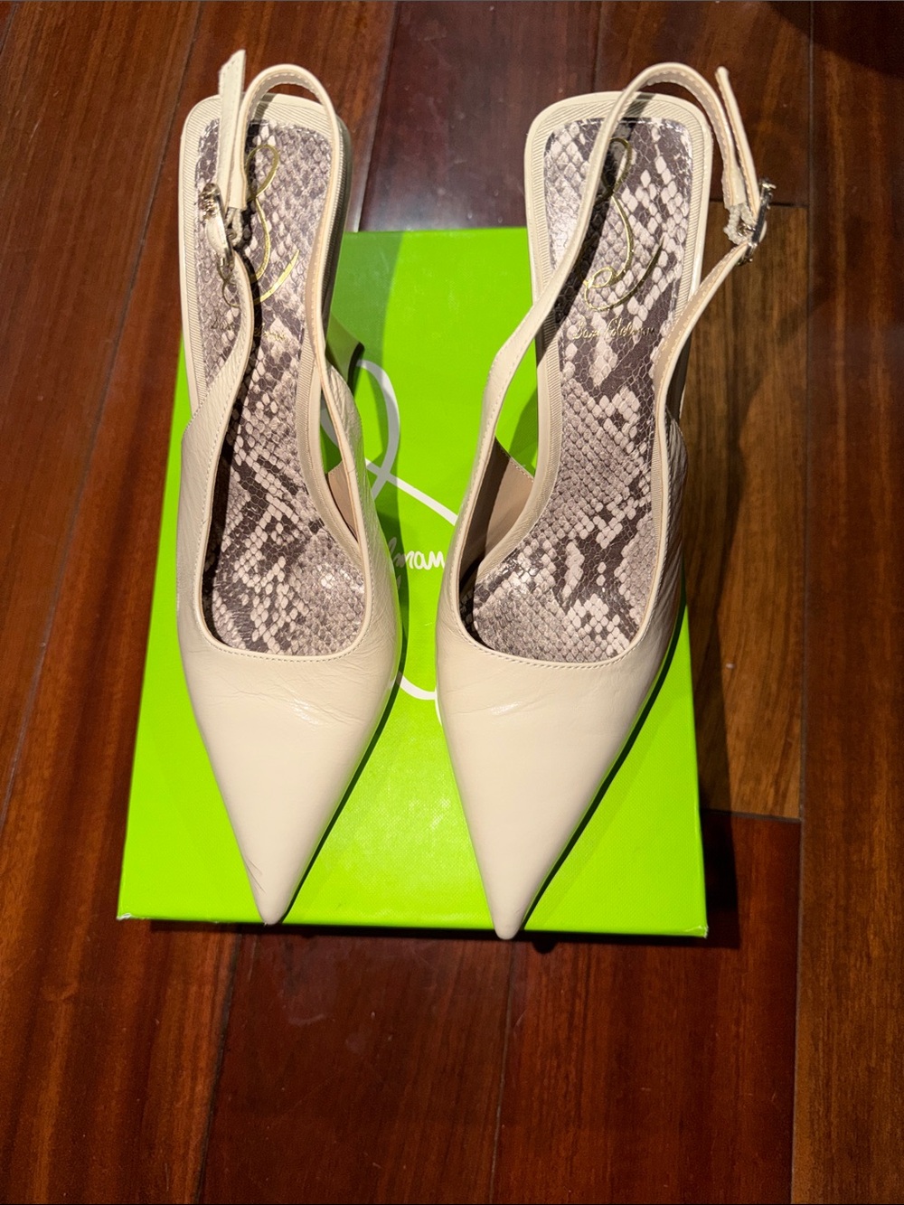 Sam Edelman Cream Pointed-Toe Slingback Pumps with Snake-Print Insole